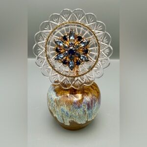 Handmade Vintage Brooch Flower Sculpture - Rhinestone Jewelry Art